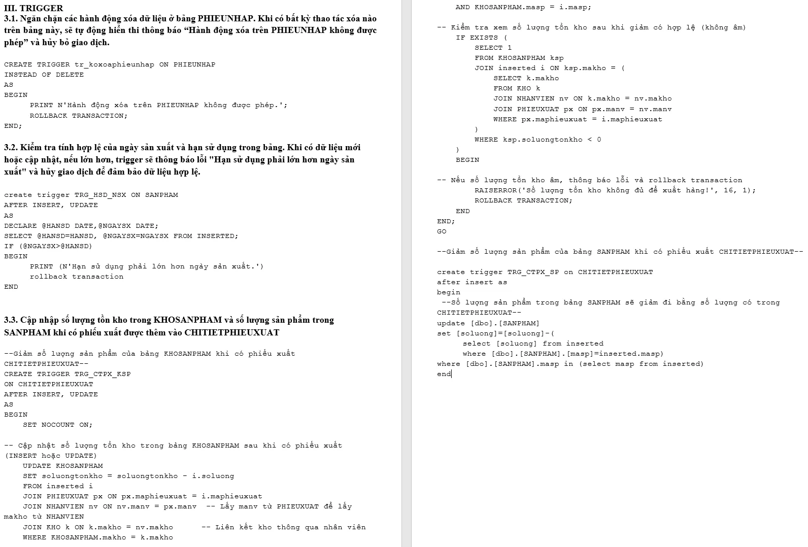 SQL Server trigger implementation for enforcing warehouse business rules and data consistency