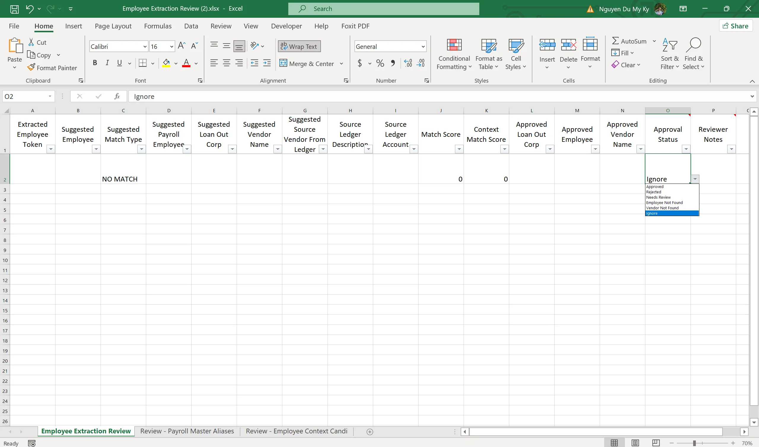 Employee extraction review workbook for payroll transaction matching.