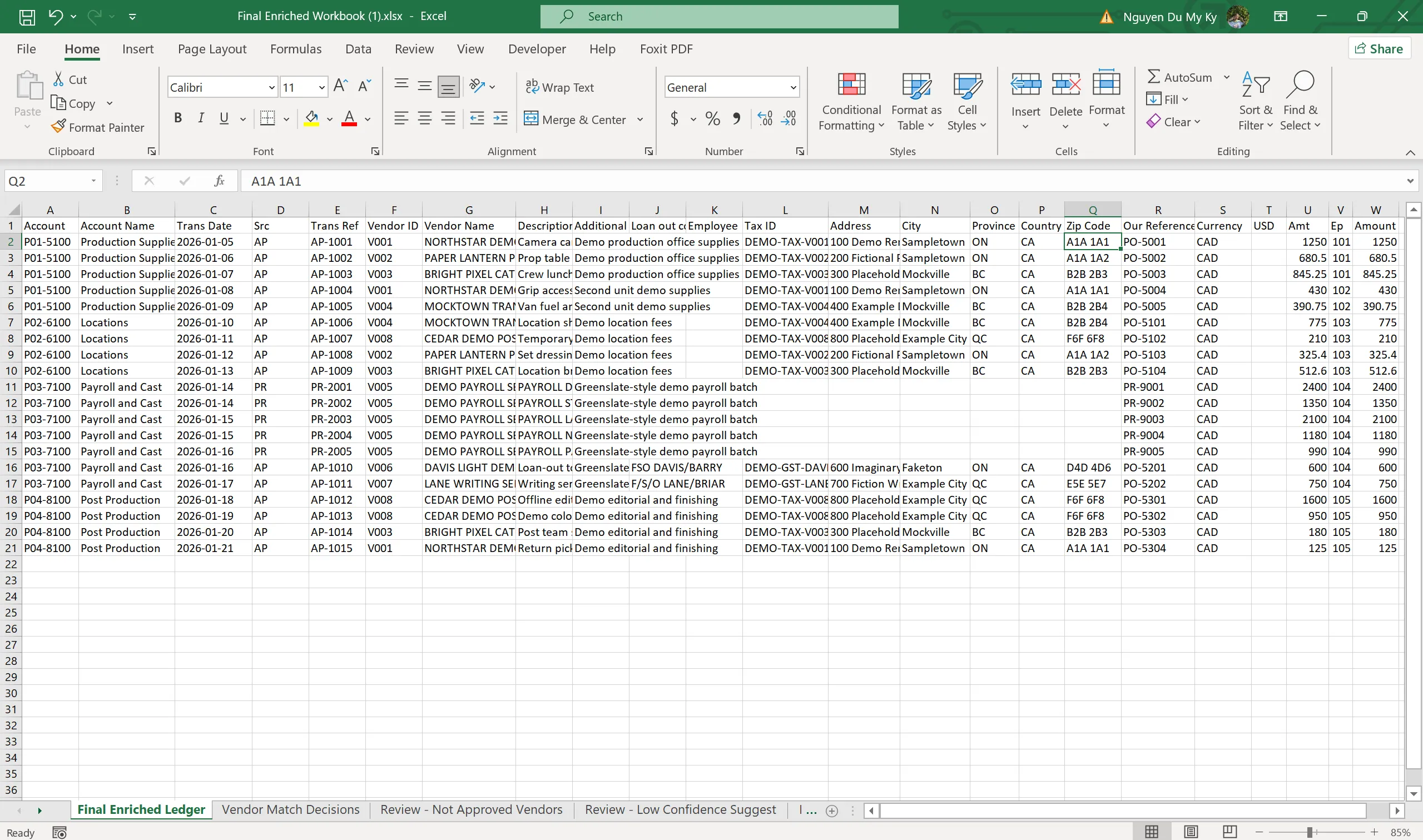 Final enriched workbook output produced after approved review steps.
