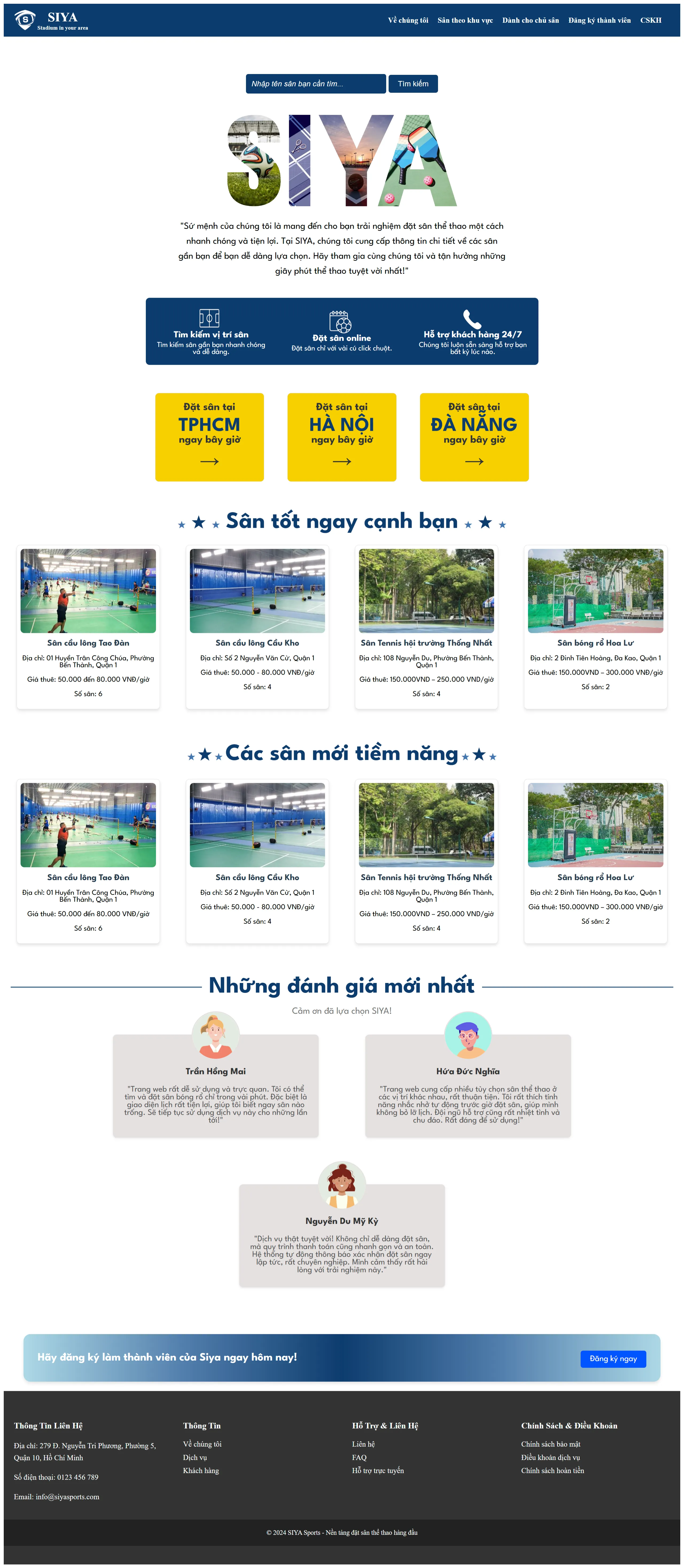 Homepage prototype of the SIYA Sports Booking Platform showing venue discovery and booking interface