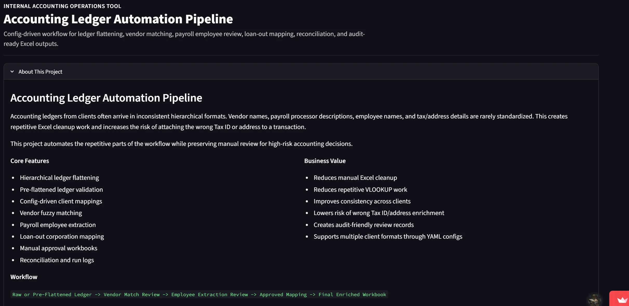 Ledger Automation Streamlit application overview screen