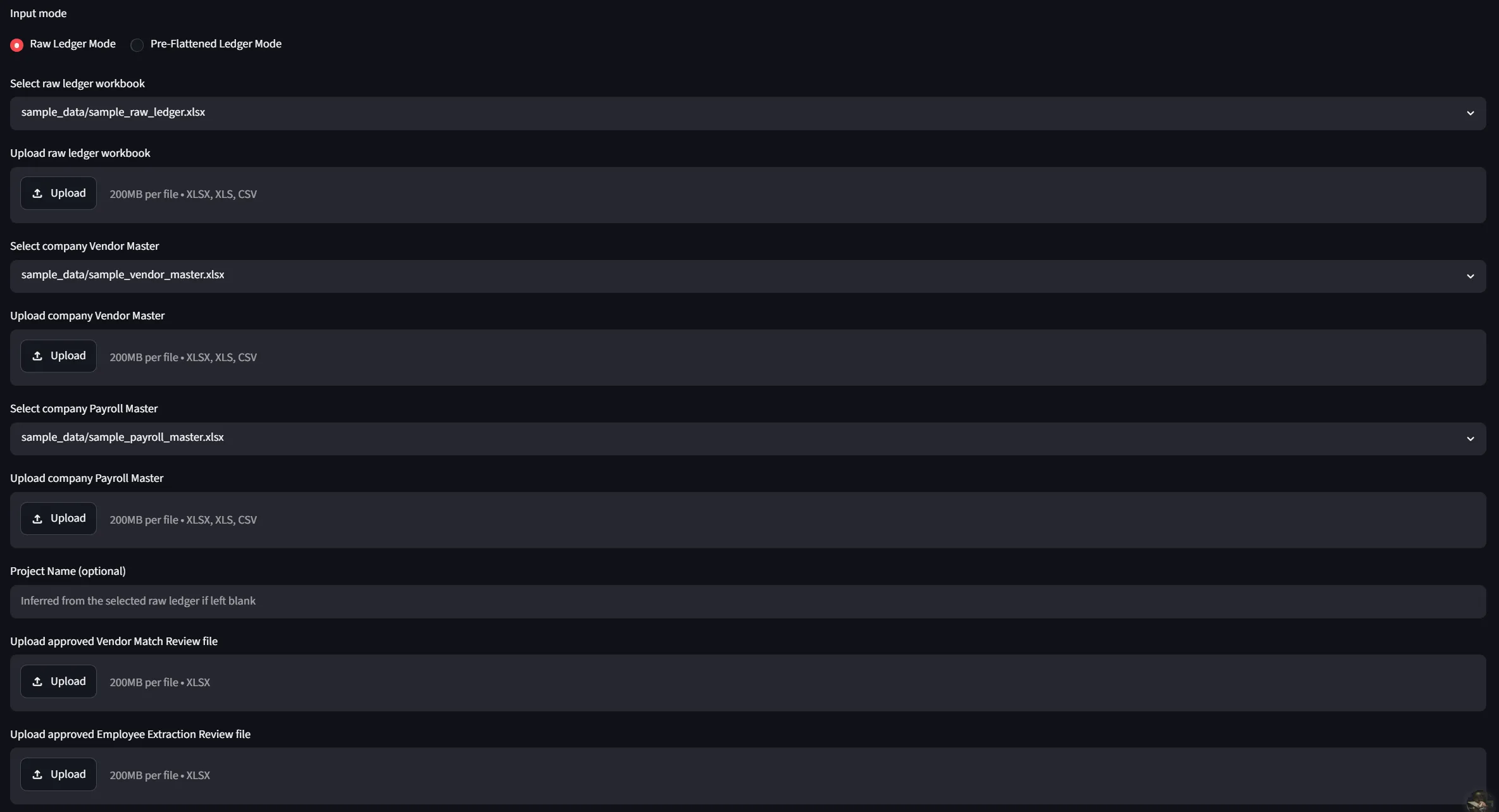 Upload and configuration section of the Streamlit ledger automation app.
