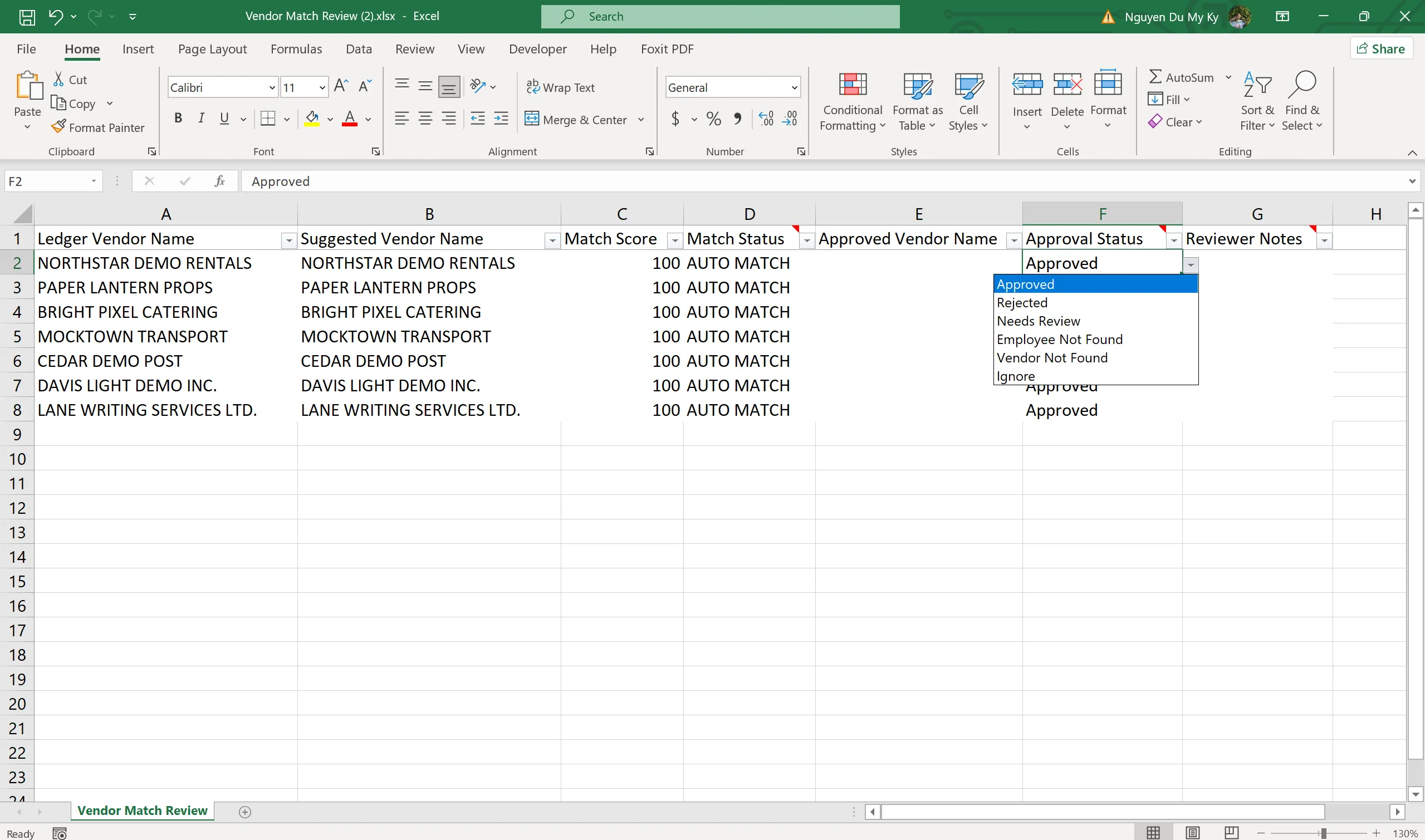 Vendor match review workbook generated by the ledger automation pipeline.